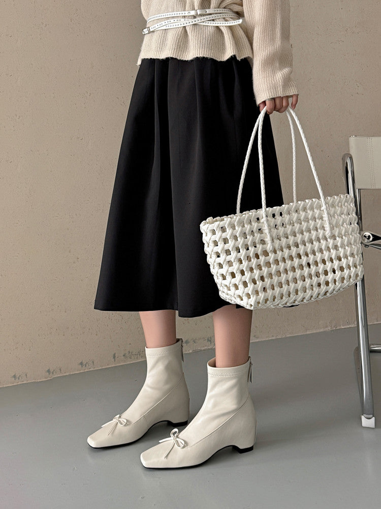 Karin Luna French Style Square Toe Bowknot Hidden Wedge Slim Boots