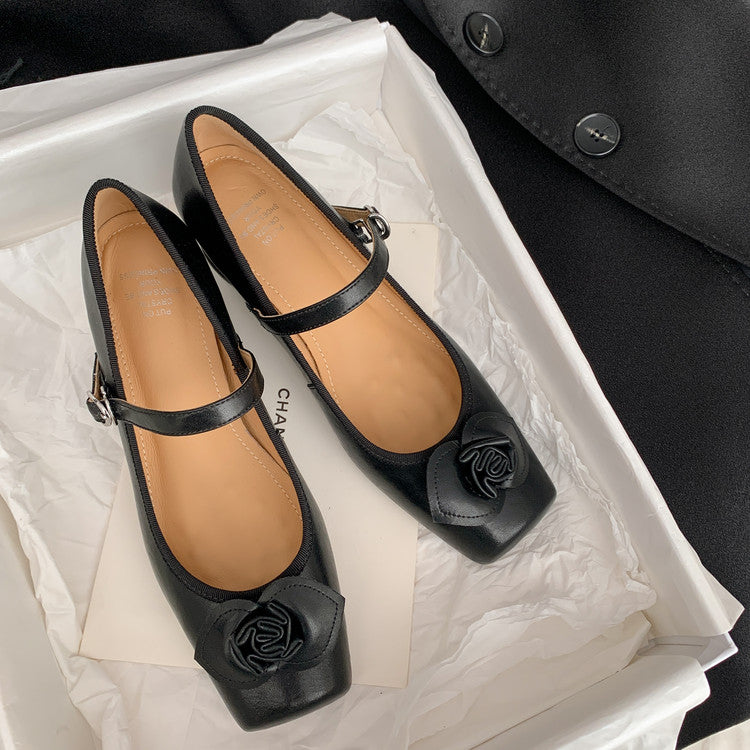 Karin Luna In Stock Spot Goods  Vintage Three-Dimensional Camellia Square-Toed Mary Jane Shoes