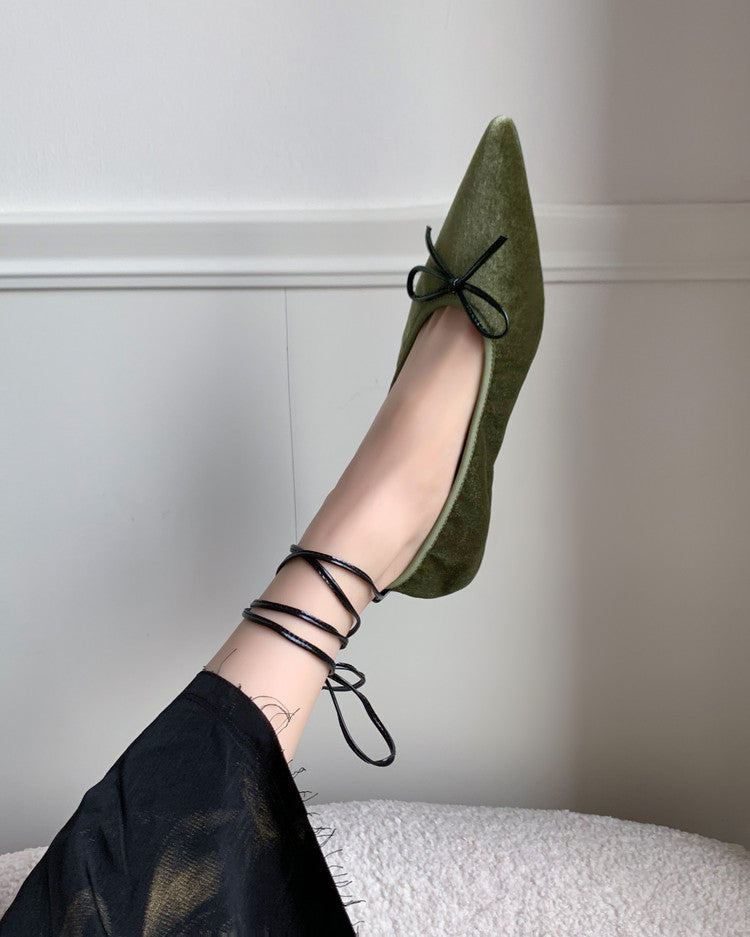 Karin Luna In Stock In Stock Retro Velvet Pointed Toe Bowknot Single Shoes