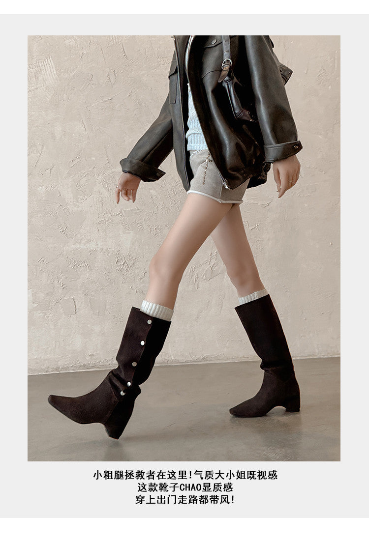 Karin Luna Bestseller Hot-Selling Hidden Buckle Lazy Style Square-Toe Height-Increasing Suede Western Boots