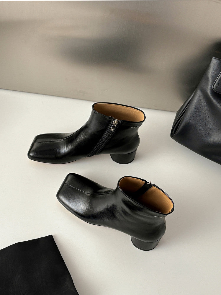 Karin Luna French Style Square Toe Chunky Heel Ankle Boots