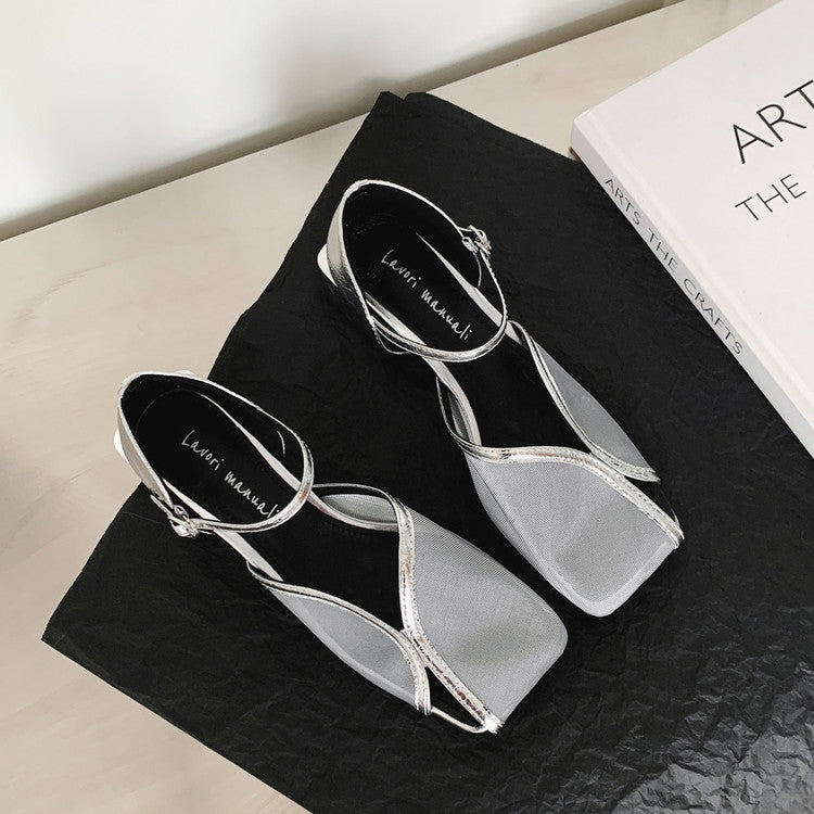 Karin Luna In Stock In Stock  Internet Celebrity Style Square Toe Mesh Chunky Heel Sandals