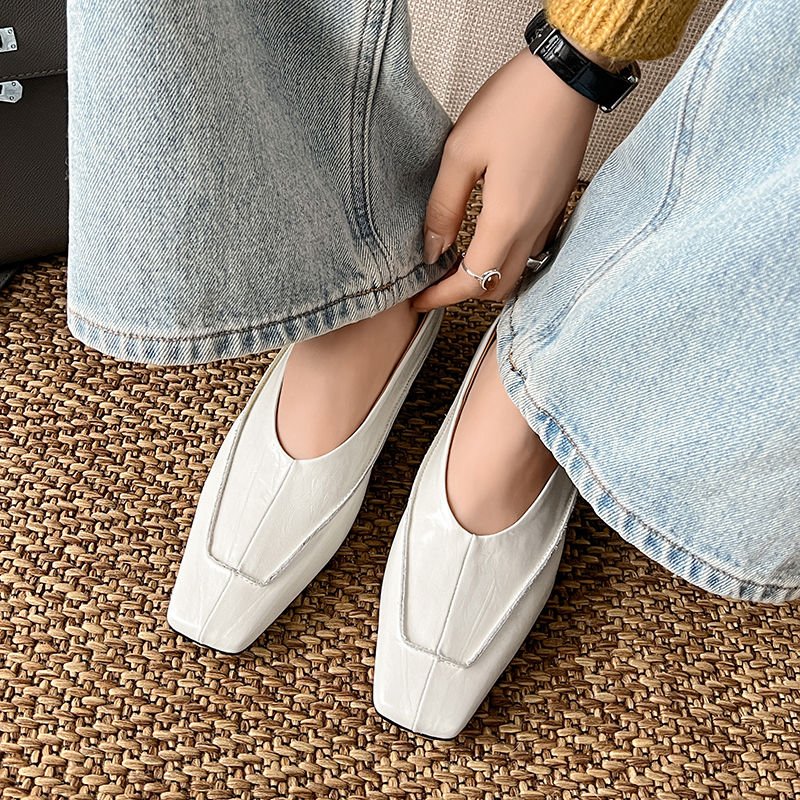 Karin Luna In Stock Spot Goods  Retro Full Leather Square Toe Shallow Mouth Single Shoes