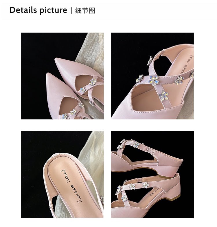Karin Luna Elegant Pointed Toe Rhinestone Flower High Heel Mules