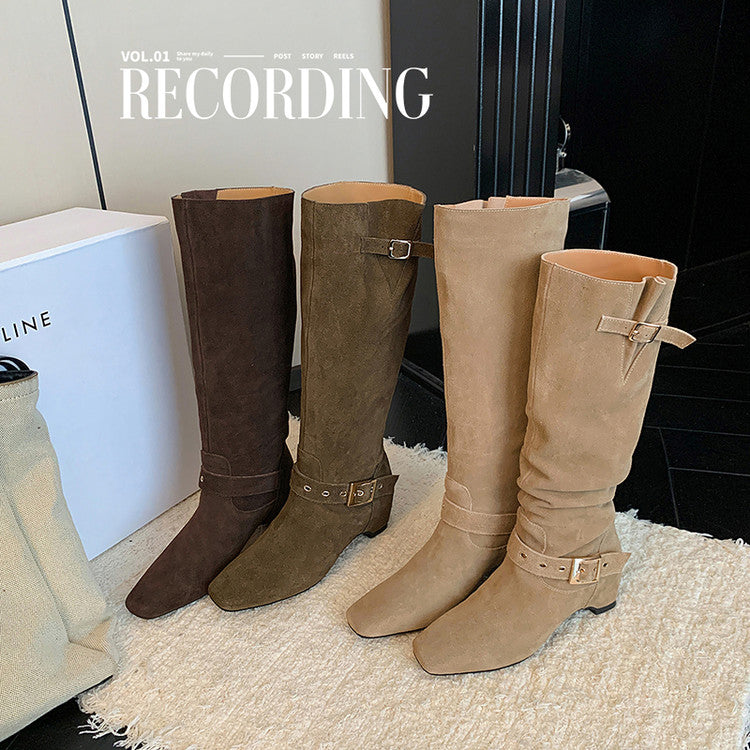 Karin Luna Data Model Belt Buckle Matte Square Toe Hidden Wedge Slouch Western Boots