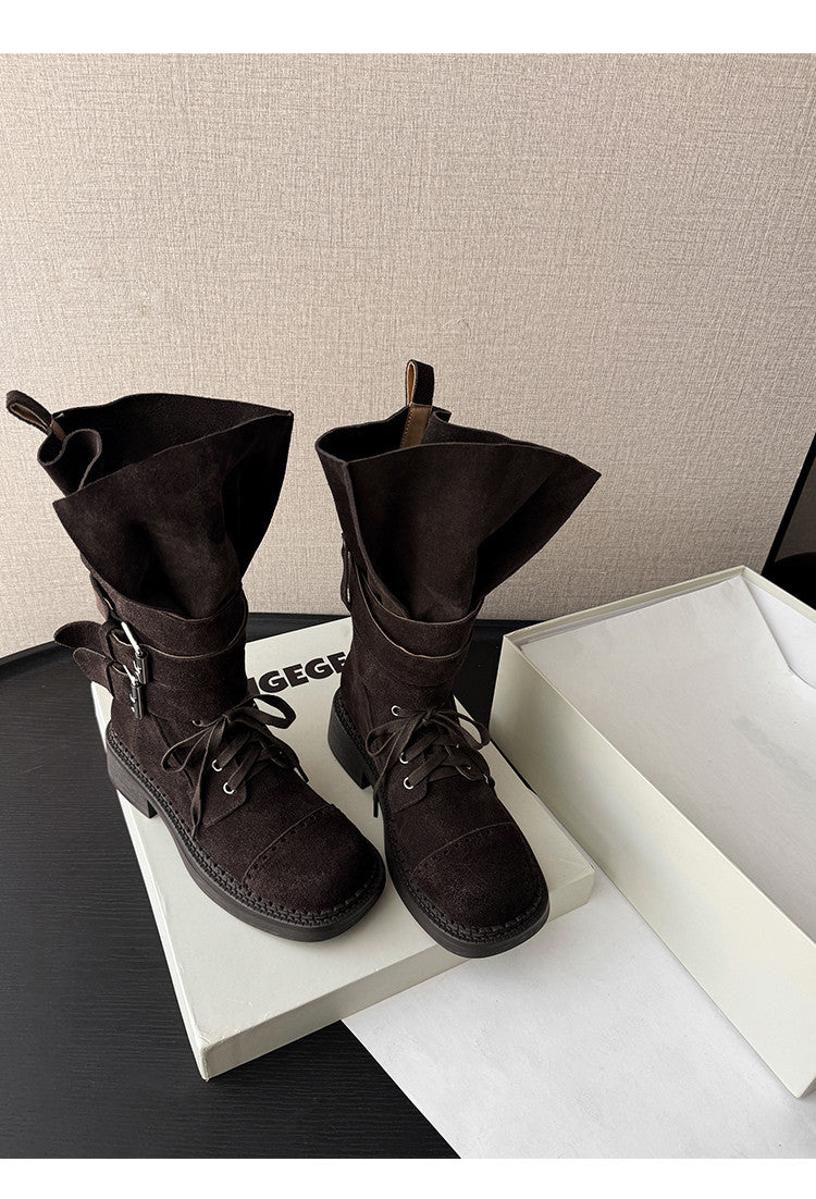 Karin Luna Bestseller Hot-Selling Large Tube Leather Belt Buckle Round Toe Thick-Soled Short Boots