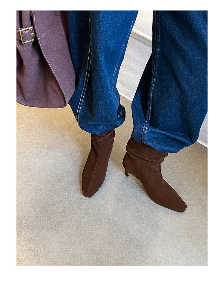 Karin Luna In Stock Spot Goods  Retro Wrinkled Small Square Toe Short Boots