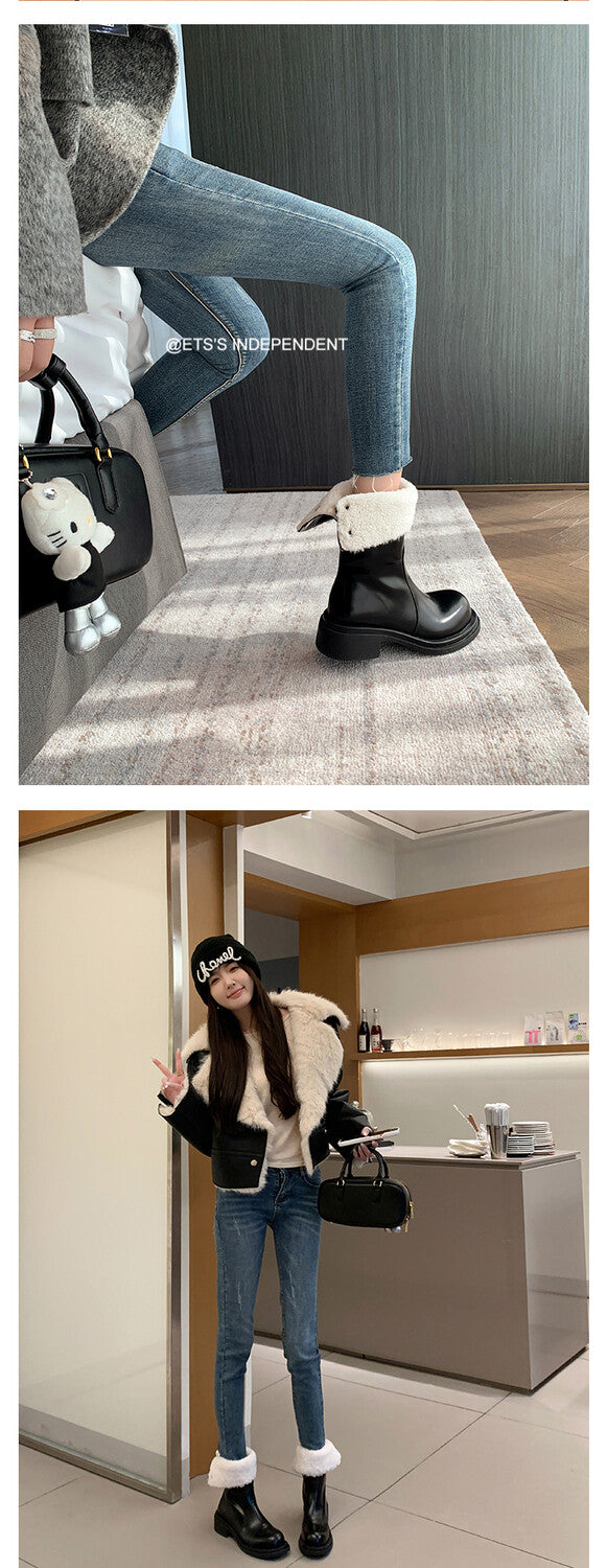 Karin Luna Classic Basic Style   Convertible Foldable Hidden Buckle Snow Fur Shoes Full cowhide Basic Flat Short Boots