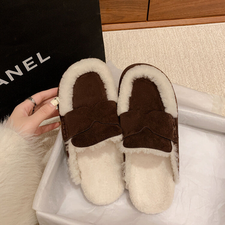 Karin Luna In Stock Look~This is such thick lamb wool Winter Atmosphere！Cowhide Leather Lamb Wool Round Toe Flat Sole Half Support！
