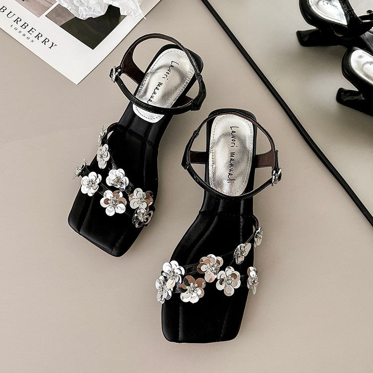 Karin Luna In Stock Spot Goods All the Best Square-Toed Sequin Flower Sandals