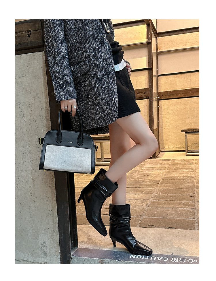 Karin Luna In Stock Spot Goods  Retro Wrinkled Small Square Toe Short Boots