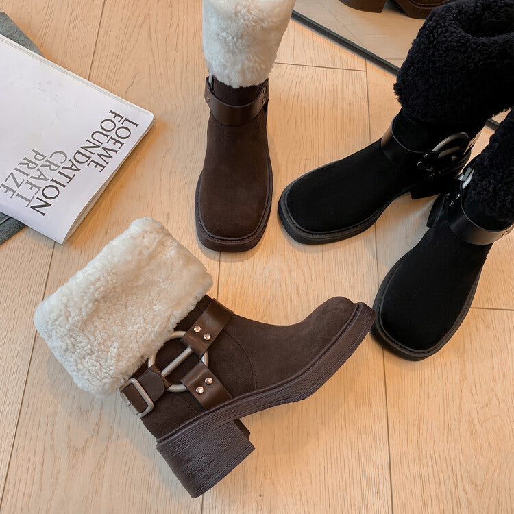 Karin Luna Genuine Lamb Wool and Cowhide Leather Hot-selling Metal Buckle Round Toe Chunky Heel Main Push Main Push