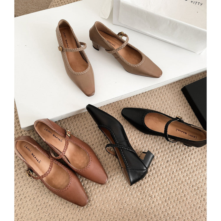 Karin Luna Braided Element Design Chunky Heel Square Toe Single Strap Shoes
