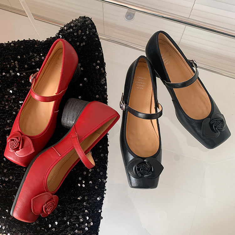 Karin Luna In Stock Spot Goods  Vintage Three-Dimensional Camellia Square-Toed Mary Jane Shoes