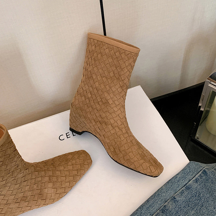 Karin Luna Handmade Woven Fabric Small Square Toe Hidden Heel Short Boots