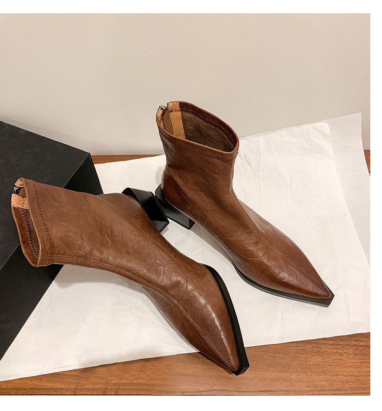 Karin Luna Elegant Style Pointed Toe Chunky Heel Short Boots