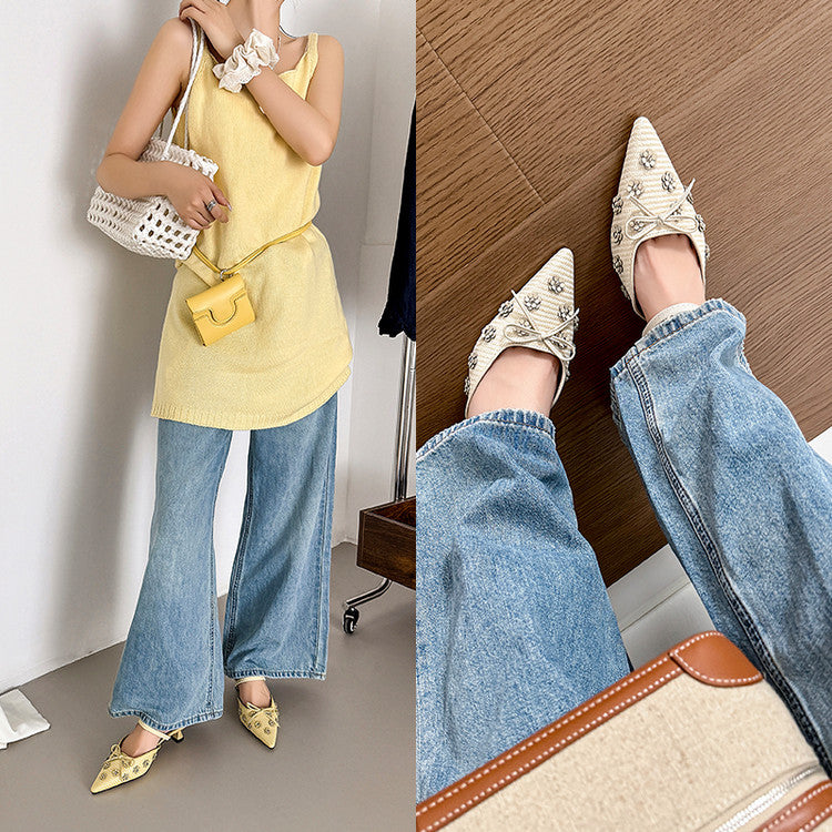 Karin Luna In Stock Spot Goods  Elegant Floral Pointed Toe Rhinestone Slippers