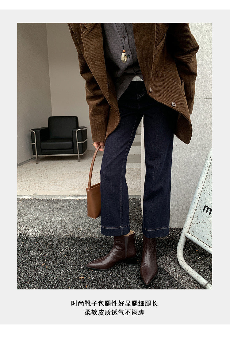 Karin Luna In Stock Spot Goods Elegant Stretch Fabric Patchwork Pointed Toe Chunky Heel Short Boots
