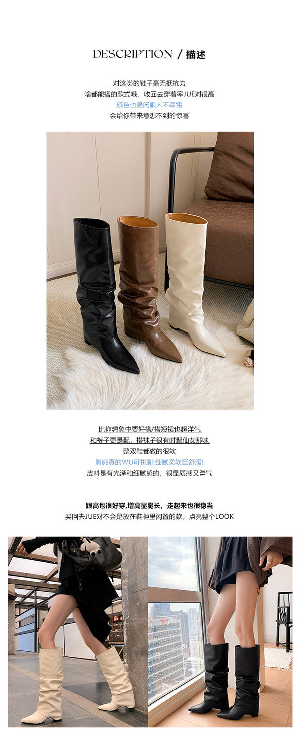 Karin Luna Elegant Style Pointed Toe Hidden Wedge Long Boots
