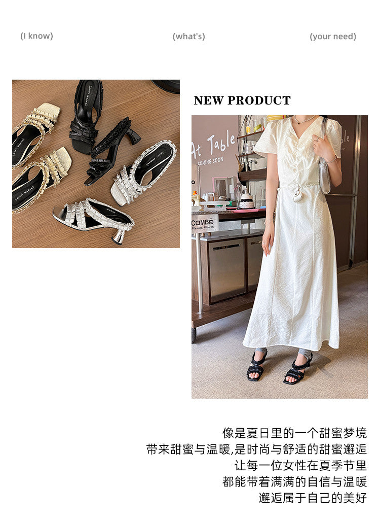 Karin Luna In Stock  Spot Goods  Unique Square-Toe Pleated Lace Sandals
