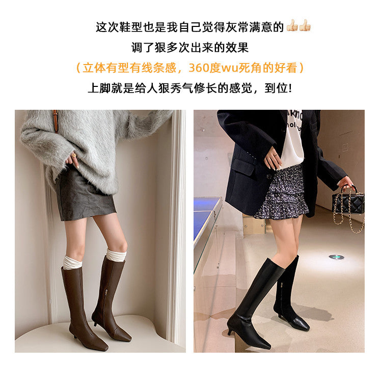 Karin Luna In Stock Spot Goods   Small Square Toe Thin Heel Elegant Slimming Long Boots