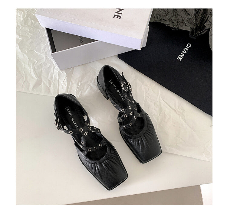 Karin Luna In Stock Spot Goods First Layer Sheepskin Cross Strap Rivet Square Toe Mary Jane Sandals
