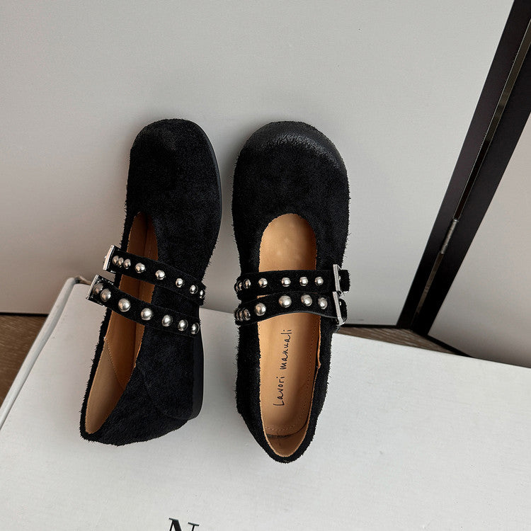 Karin Luna Hot Item Hot Item Punk Style One-Strap Round-Toe Suede Leather Height-Increasing Flats
