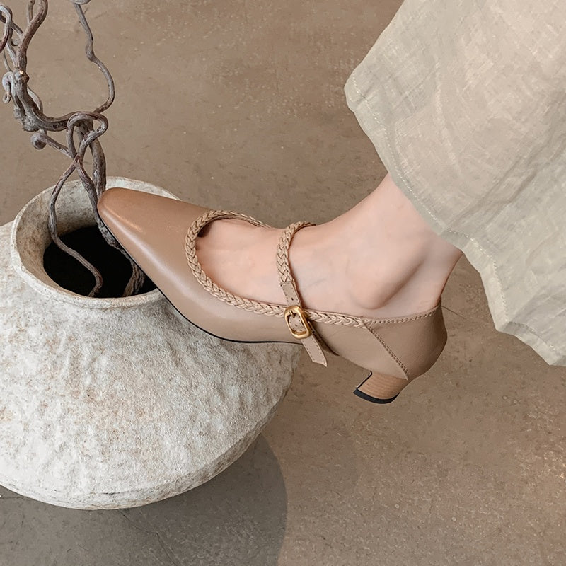 Karin Luna Braided Element Design Chunky Heel Square Toe Single Strap Shoes