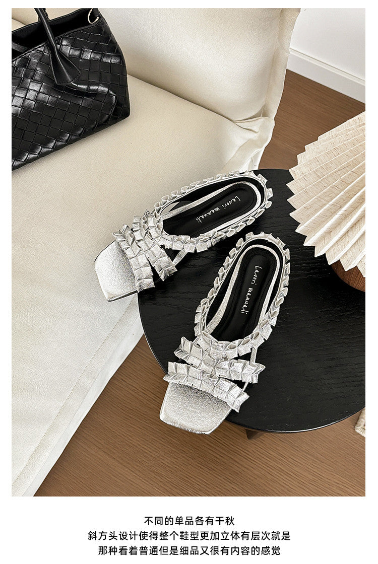 Karin Luna In Stock   Spot Goods  Niche Design Square-Toed Pleated Flat Slippers