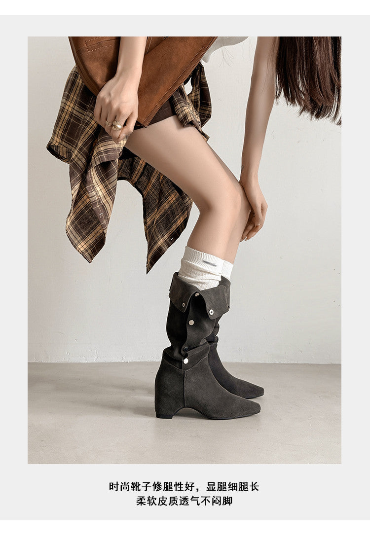 Karin Luna Bestseller Hot-Selling Hidden Buckle Lazy Style Square-Toe Height-Increasing Suede Western Boots