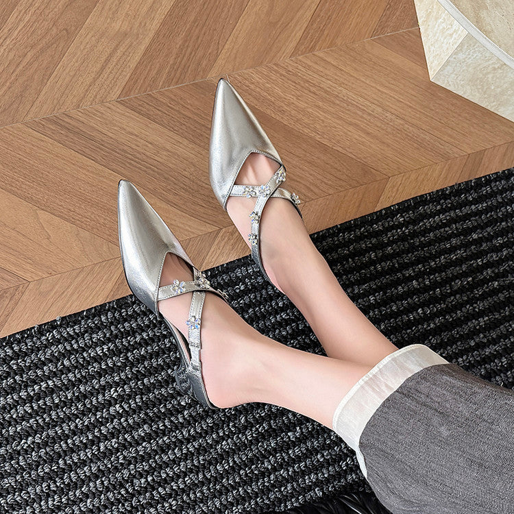 Karin Luna Elegant Pointed Toe Rhinestone Flower High Heel Mules