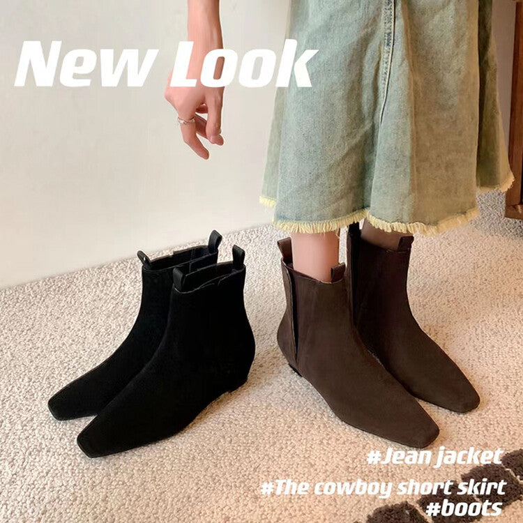 Karin Luna Classic Style Internal Height Increase Cowhide Leather Small Square Toe Short Fashion Boots