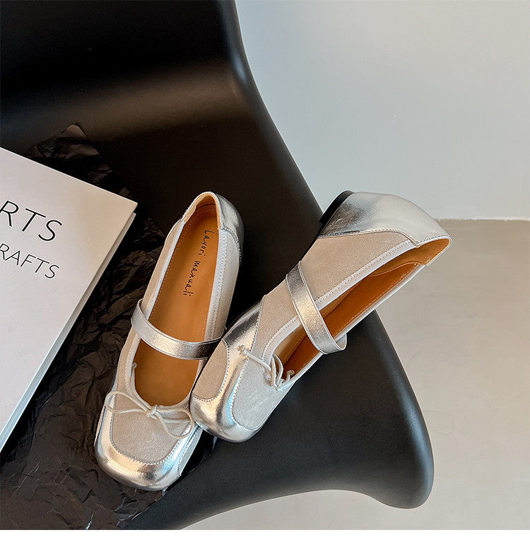 Karin Luna In Stock Spot Goods    Color Block Cowhide Leather Square Toe Slip-On Height Increasing Bowknot Flats