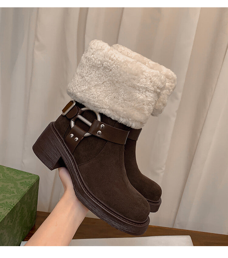 Karin Luna Genuine Lamb Wool and Cowhide Leather Hot-selling Metal Buckle Round Toe Chunky Heel Main Push Main Push
