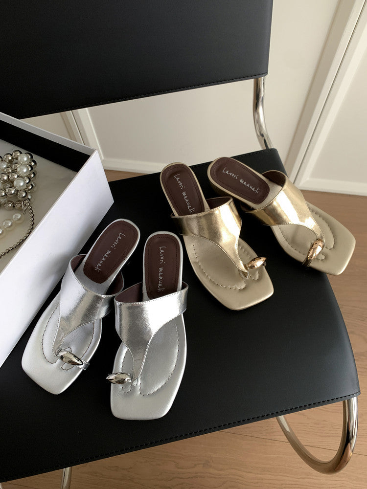 Karin Luna In Stock Spot Goods Clip-toe Square Toe Metal Buckle Minimalist Slippers