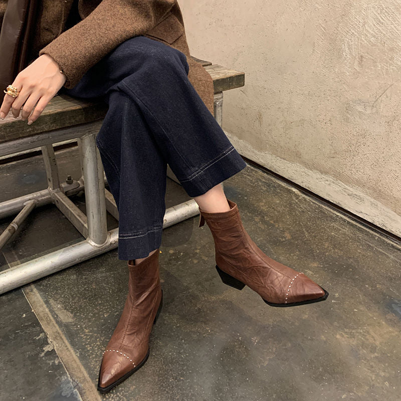 Karin Luna In Stock In Stock Slim Boots Series~Pointed Toe Rivet Slim Short Boots