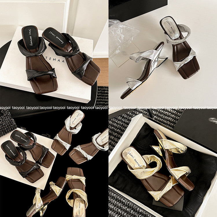 Karin Luna In Stock  Spot Goods   Square Toe One-Strap Irregular Heel Slippers