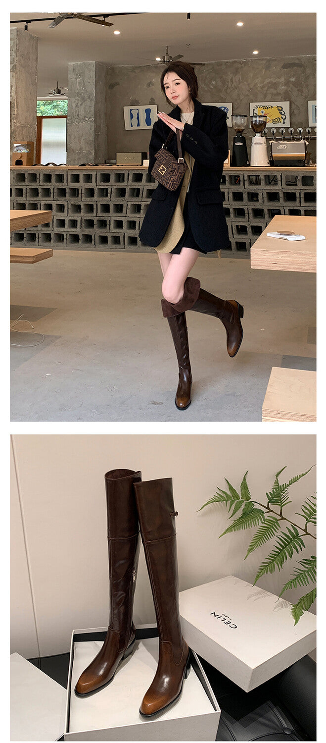 Karin Luna exploded  Three versions exploded Single Fleece Lining Fur Collar Version  Thick Fur Collar Foldable Hot-Selling Full Cowhide Pointed Toe Chunky Heel Classic Style