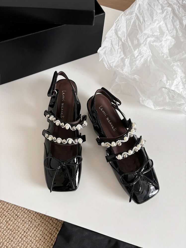 Karin Luna In Stock In Stock  Square Toe Bowknot Pearl Strap Closed-Toe Sandals