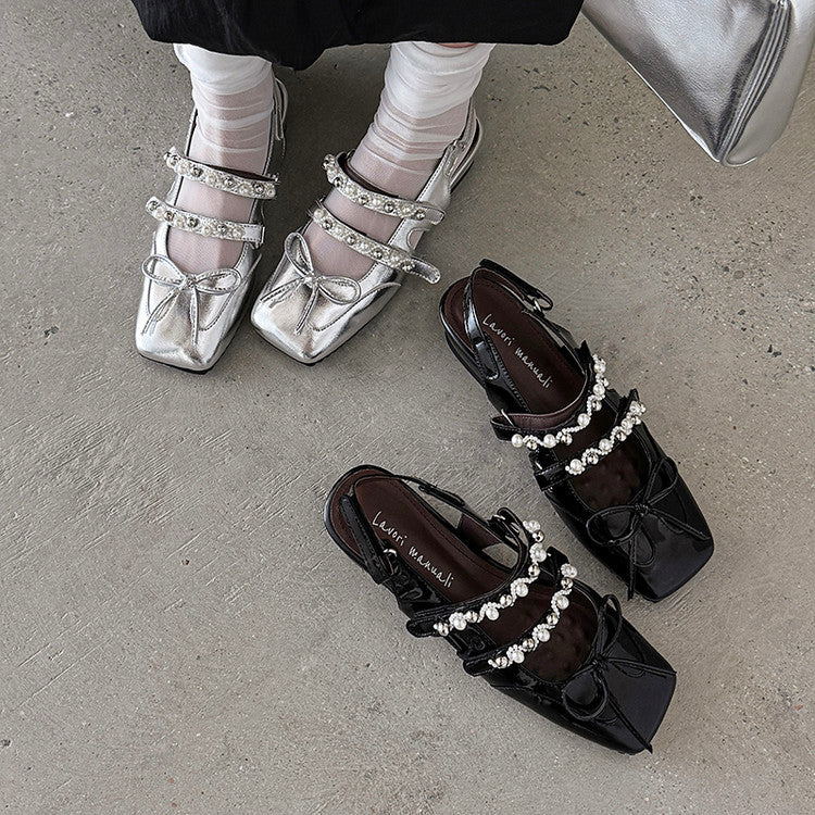 Karin Luna In Stock In Stock  Square Toe Bowknot Pearl Strap Closed-Toe Sandals