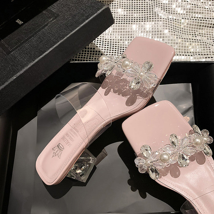 Karin Luna In Stock Spot Goods  Always in stock Square Toe Sweet Rhinestone Crystal Heel Slippers