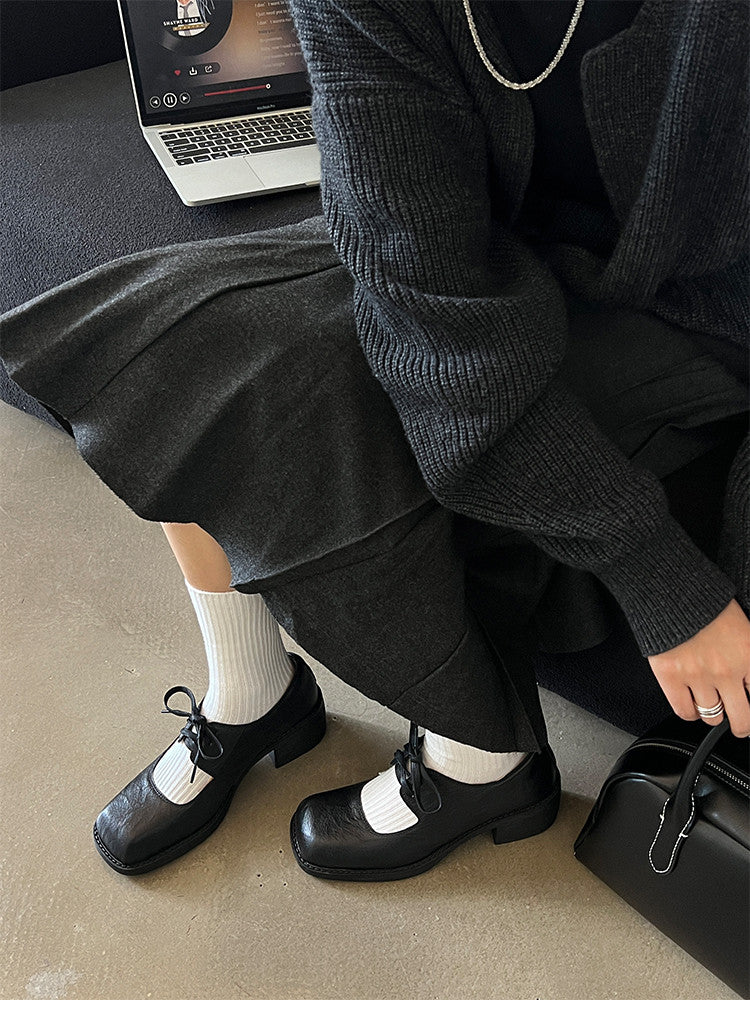 Karin Luna In Stock Spot Goods   Full leather inside and out Vegetable Tanned Hand-Grabbed Sheepskin Square-Toed Chunky Heel Single Shoes
