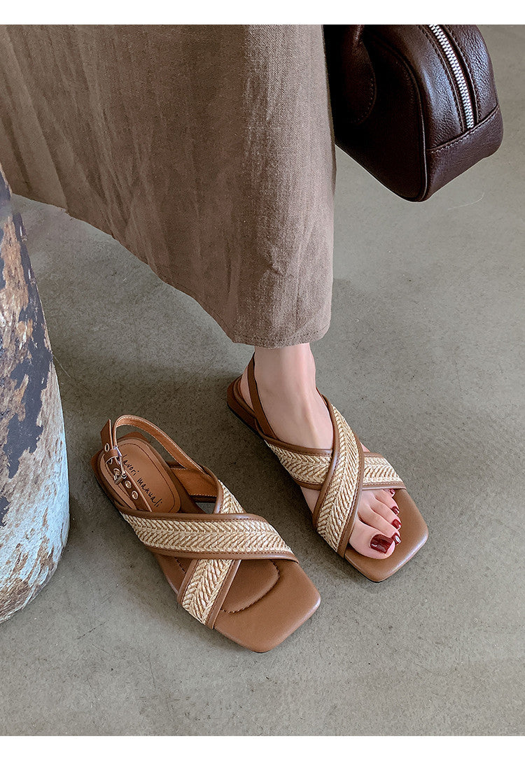 Karin Luna In Stock  Spot Goods Woven Style  Cross-strap Vacation Style Flat Sandals