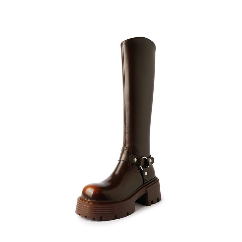 Karin Luna In Stock Spot Goods Round Toe Thick Sole Belt Buckle Straight Long Boots