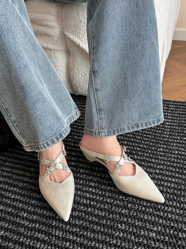 Karin Luna Elegant Pointed Toe Rhinestone Flower High Heel Mules