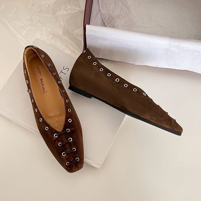 Karin Luna In Stock Spot Goods    Old Money Style Square Toe Suede Flats