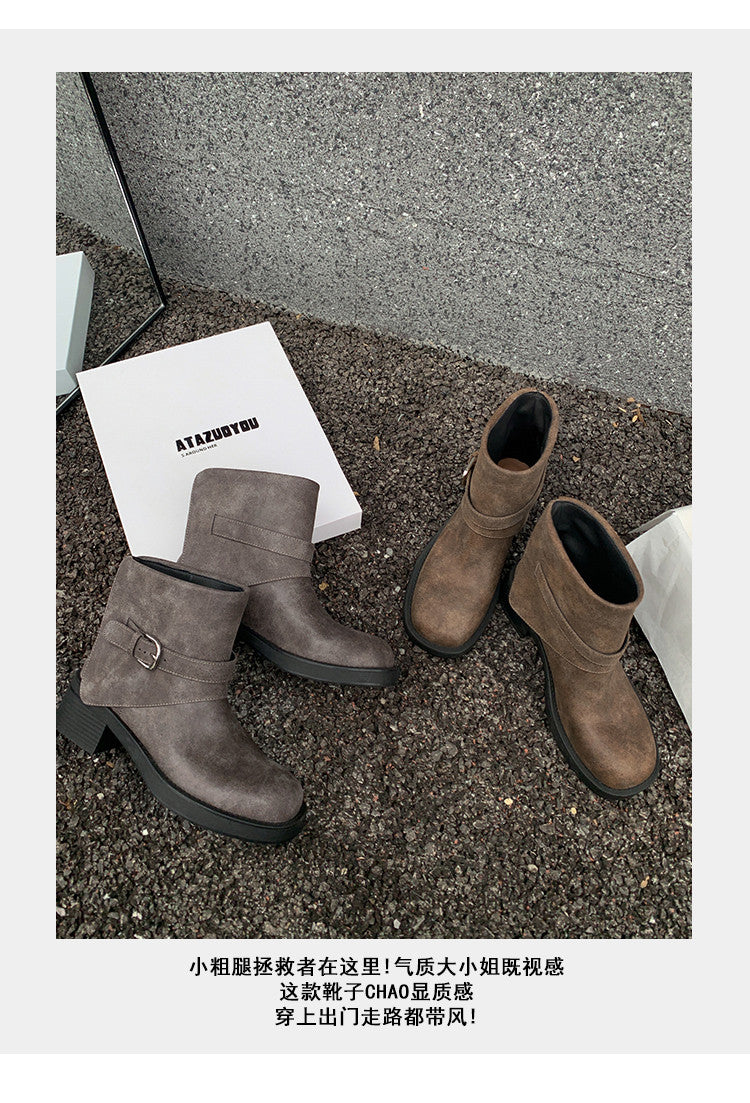 Karin Luna In Stock Spot Goods Versatile Basic Round Toe Belt Buckle Thick Sole Tube Boots