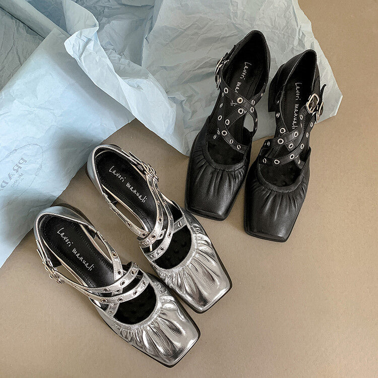 Karin Luna In Stock Spot Goods First Layer Sheepskin Cross Strap Rivet Square Toe Mary Jane Sandals
