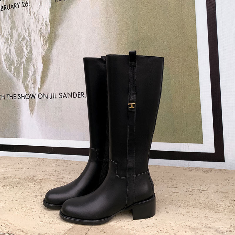 Karin Luna In Stock Spot Goods Basic Retro Square Toe Chunky Heel Riding Boots