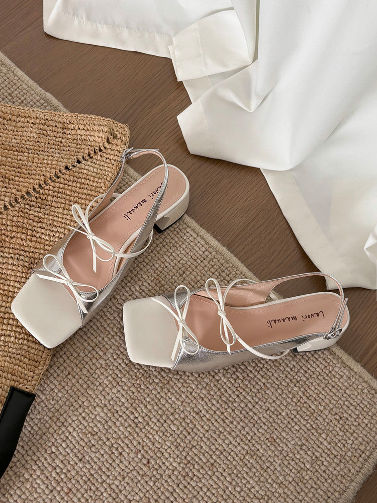 Karin Luna In Stock Spot Goods Square Toe Double Bow Thick Heel Sandals